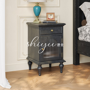 时余莱克复古实木床头柜中古风黑色卧室小型法式美式储藏收纳边柜