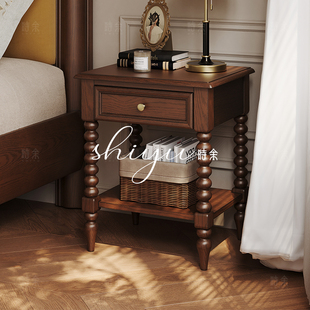 时余卢卡柜中古风床头柜全实木法式复古床边柜美式置物架镂空储物