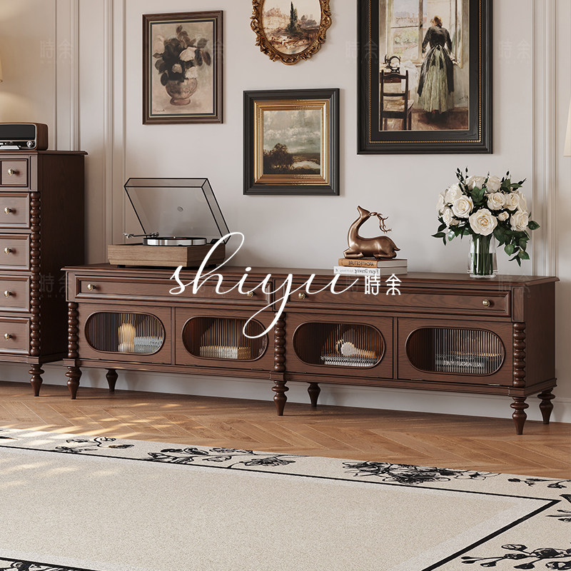时余保罗美式电视柜收纳储物柜全实木胡桃色法式复古风中古风厅柜