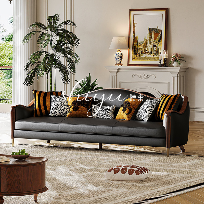 时余乔纳森法式油蜡皮真皮复古沙发直排组合售楼处客厅简美中古风