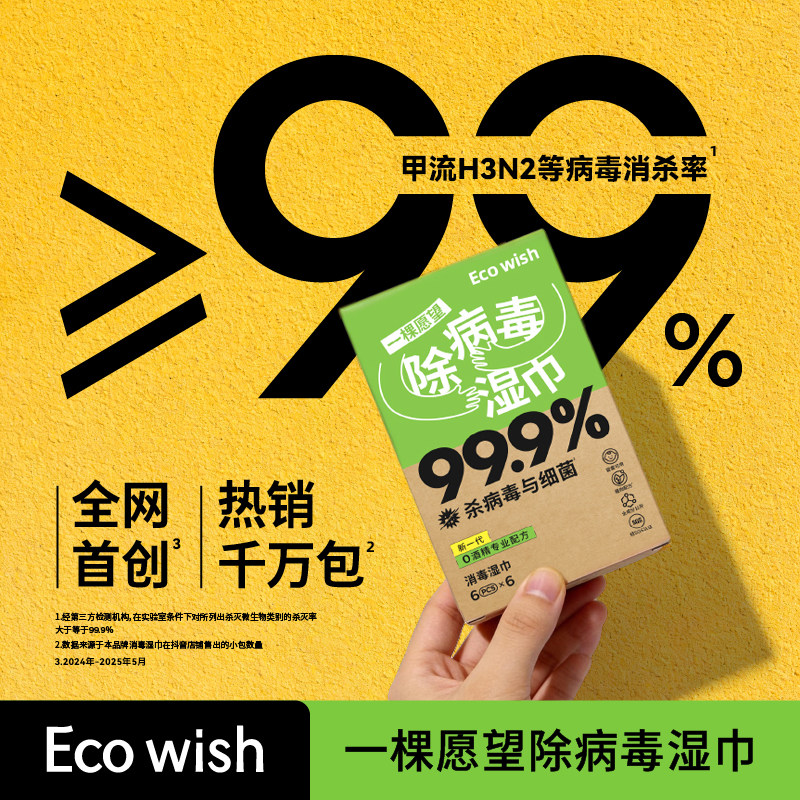 【除甲流H3N2】ecowish除病毒湿巾6抽/包便携0酒精甲流乙流消杀