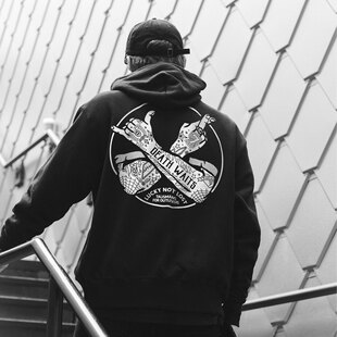硬核街头风纹身手暗黑蛛网骷髅元 素宽松连帽卫衣高街亚文化帽衫