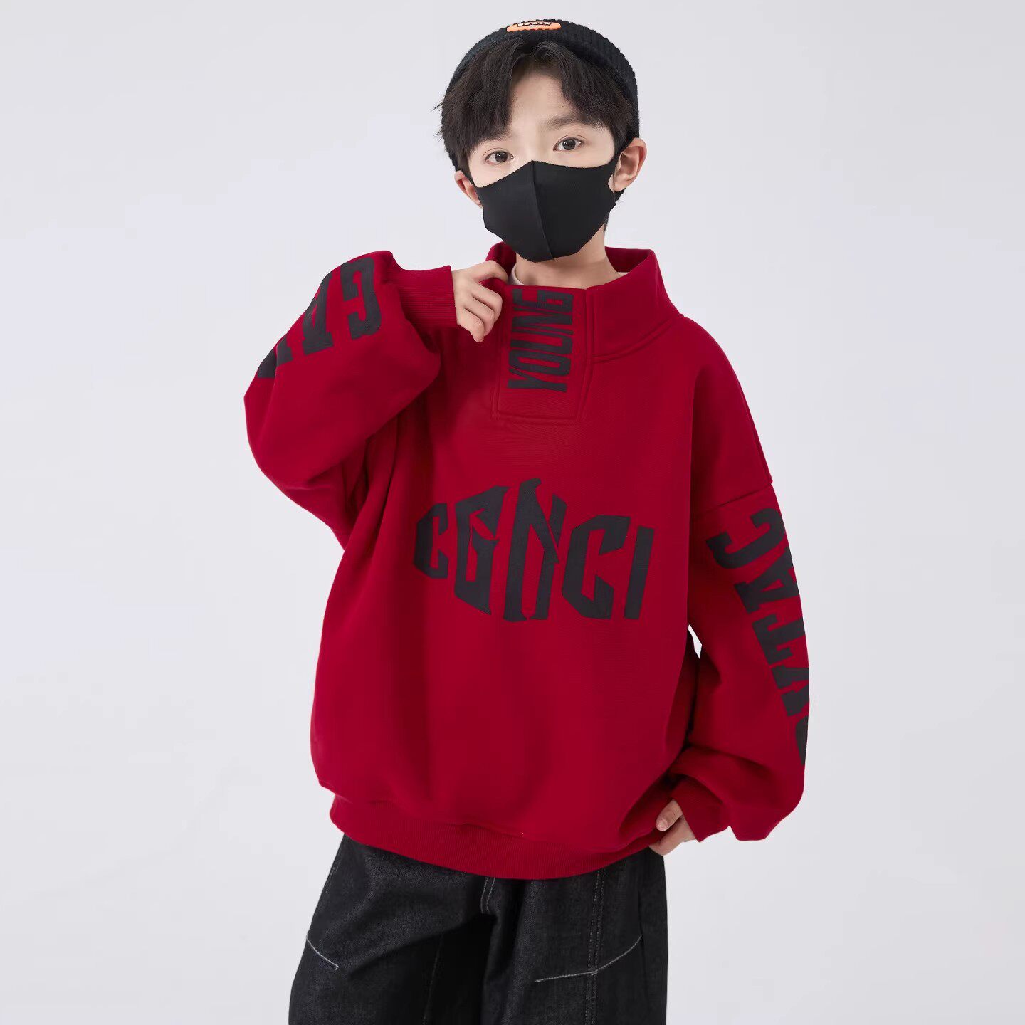 2026新款男童【印花字母套头拜年服】加厚高领红色新年卫衣保暖衣