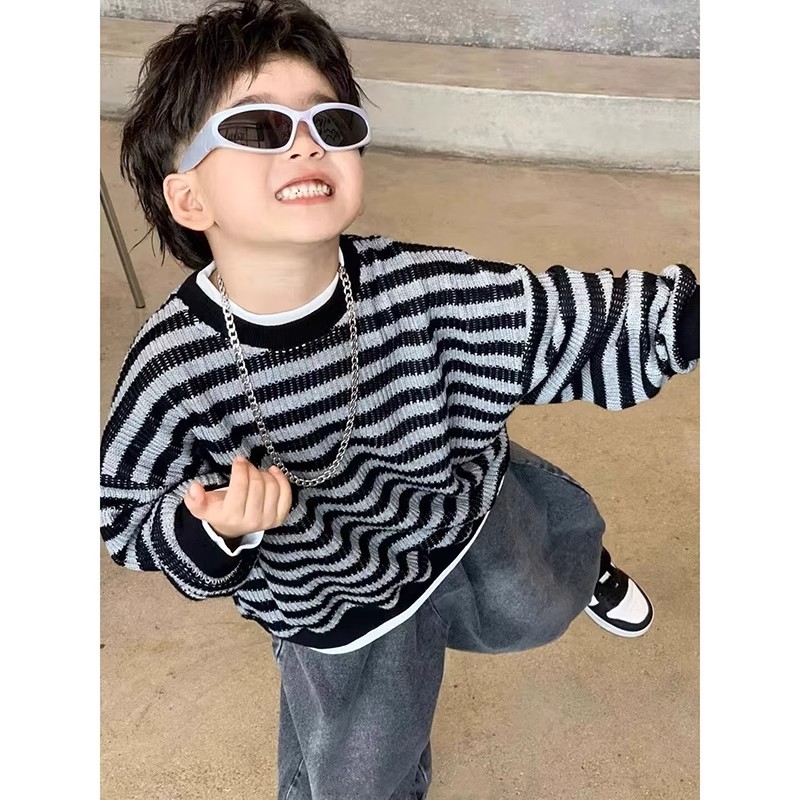 男童小众条纹拼色上衣时髦百搭女