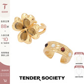 Tender Luck护身符系列四叶草镶石&红虎眼白蝶贝戒指配饰 Society