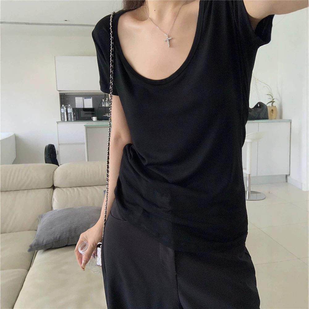 【浅色夏沫】身白色百夏搭领短袖恤内女装季新款搭修正肩打底衫黑
