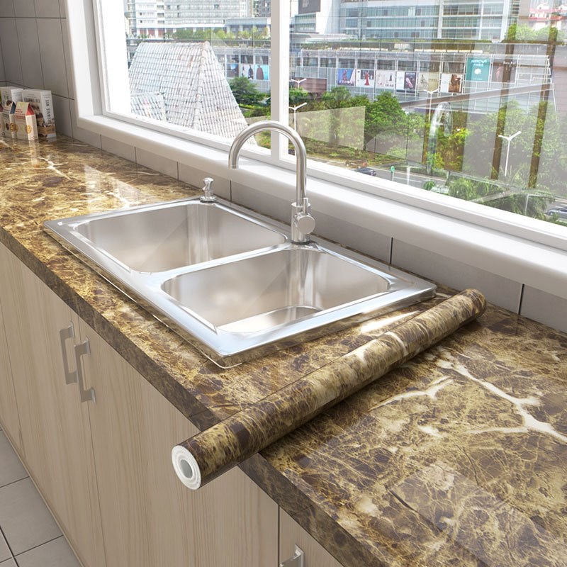 加厚大理石厨f房防水防油贴纸橱柜翻新自粘墙纸灶台耐高温台面壁