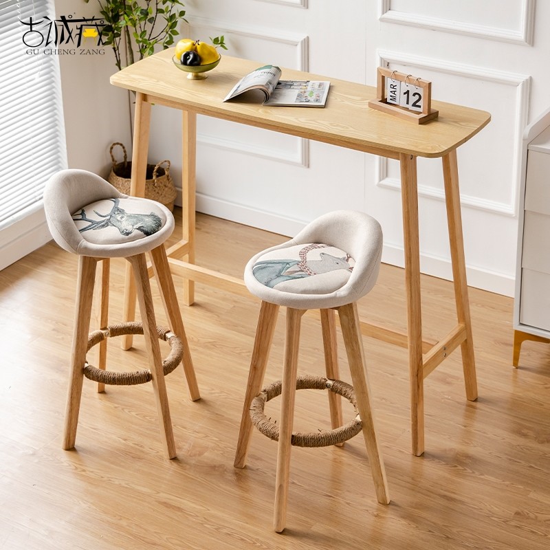 北欧实木小吧台桌椅组合家用简约高脚长I条桌靠墙酒吧桌阳台咖啡
