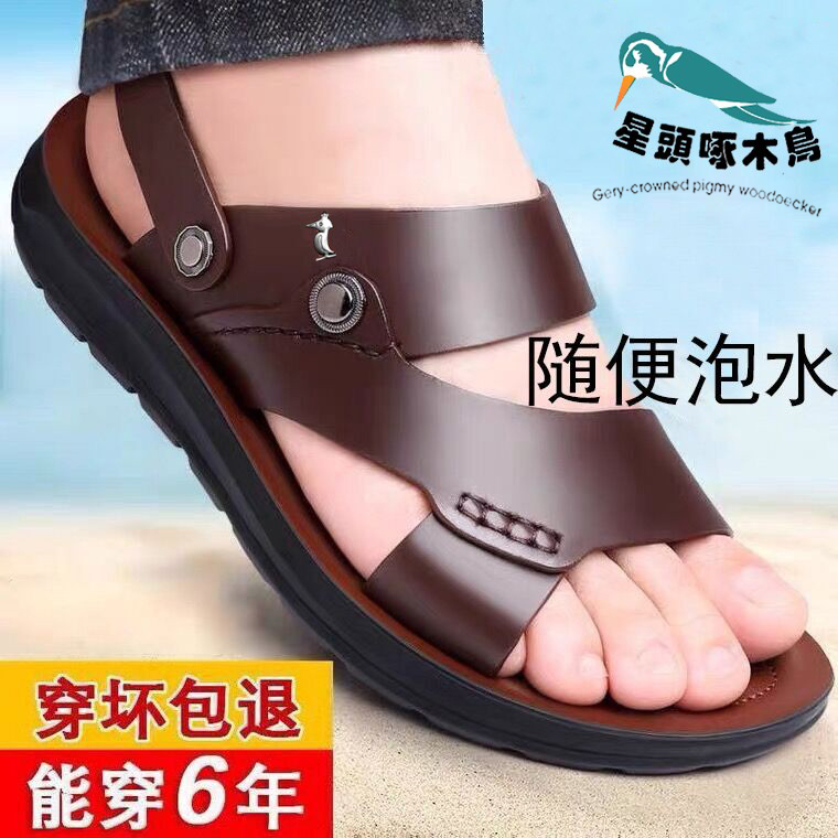 红蜻蜒牛皮凉鞋男2025夏季新款男士真皮休闲软底凉拖两用沙滩鞋男