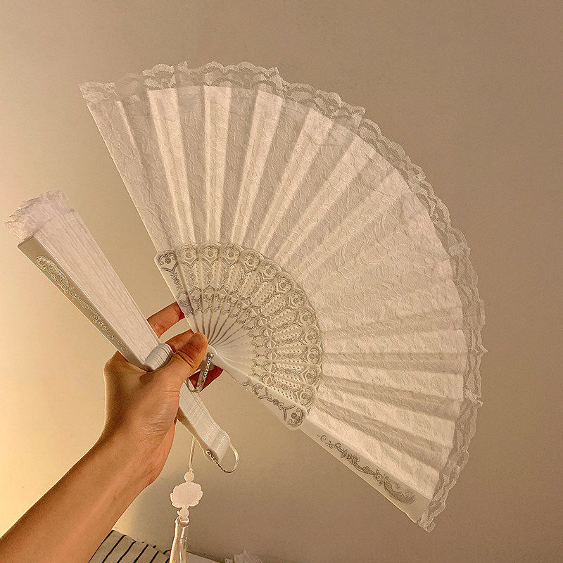 法式古风蕾丝流苏折叠小扇子夏季随身便携舞蹈汉服女生中国风折扇