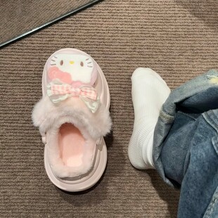 毛毛鞋可爱哈喽Kitty厚底拖鞋秋冬季加厚防滑洞洞鞋2025新款棉拖
