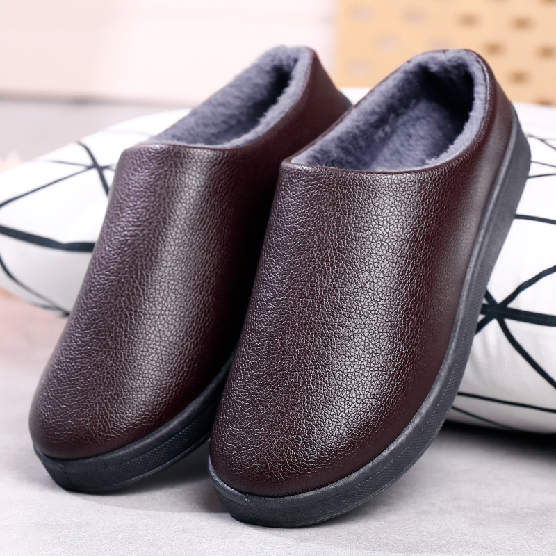 半拖鞋男冬季包头鞋加绒加厚防水防滑中老年轻便舒适爸爸皮棉拖鞋