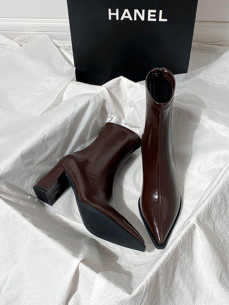 真皮高跟短靴女春秋2025新款法式尖头粗跟靴子后拉炼小个子瘦瘦靴