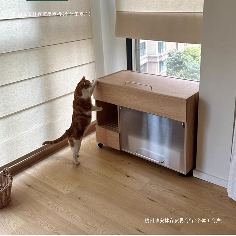 樱桃木色中古风防漏砂猫厕所带轮储物柜一体猫粮猫砂猫用品收纳柜
