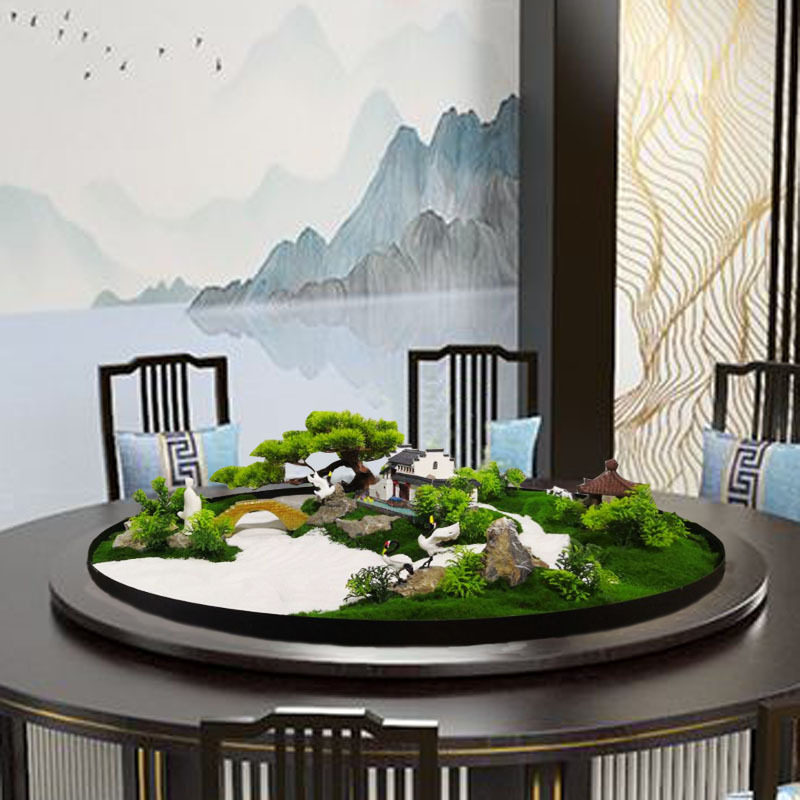 酒店大圆餐桌新中式转盘中间微景观绿植仿真套装摆件台面客厅花艺