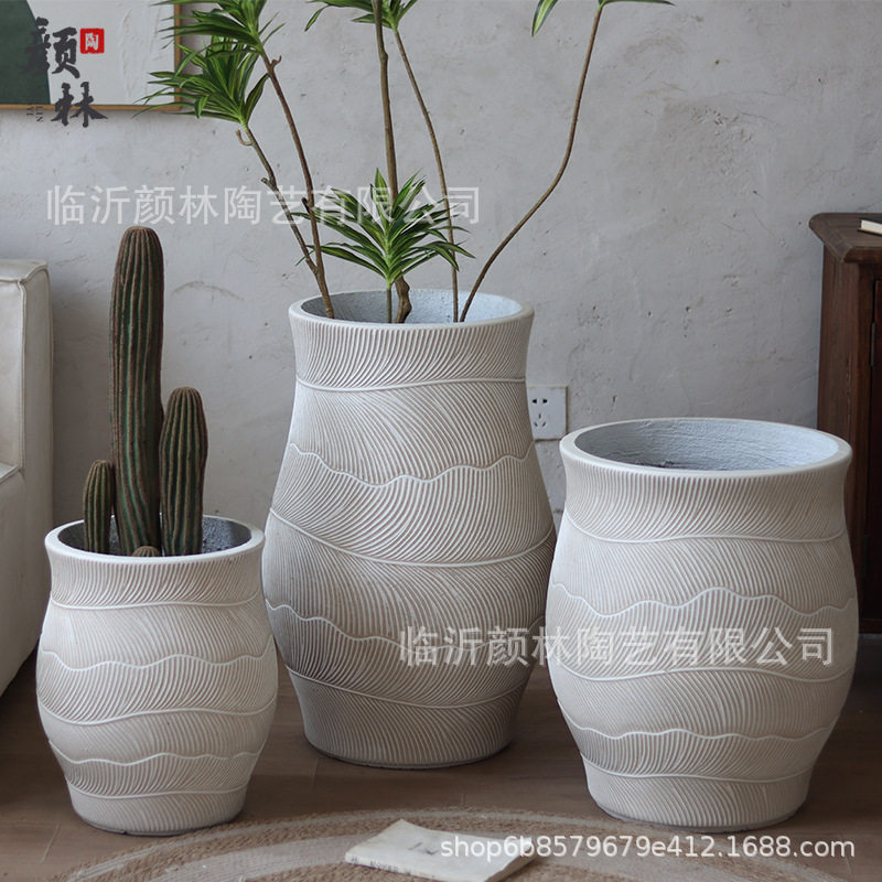 复古白镁泥花盆大号落地花器高款花盆客厅花园售楼部商场装饰绿植