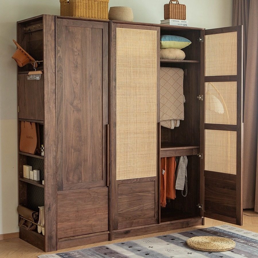 日式全实木组合衣柜北欧简约黑胡桃木对开门藤编收纳储物柜衣橱,电子元器件市场,电线扎带/束线带,淘宝优惠券,粉丝福利购,淘宝优惠卷