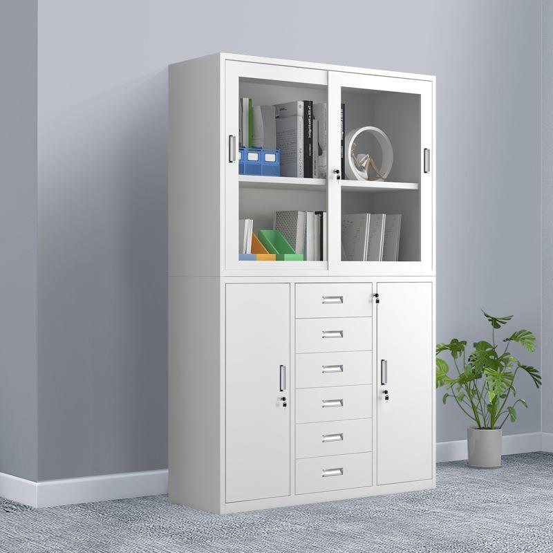 中六斗文件柜铁皮柜加厚冷轧钢板玻璃移门活动隔板储物柜