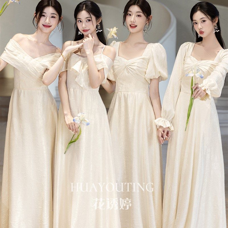 香槟色伴娘服2025新款大码胖mm小众高级感姐妹服伴娘团长袖礼服裙