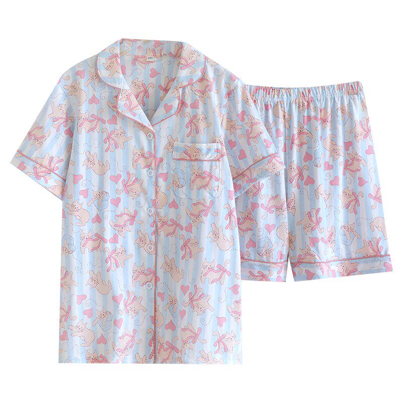 可爱猫咪针织纯棉睡衣女士夏季短袖短裤薄款家居服套装夏天开衫