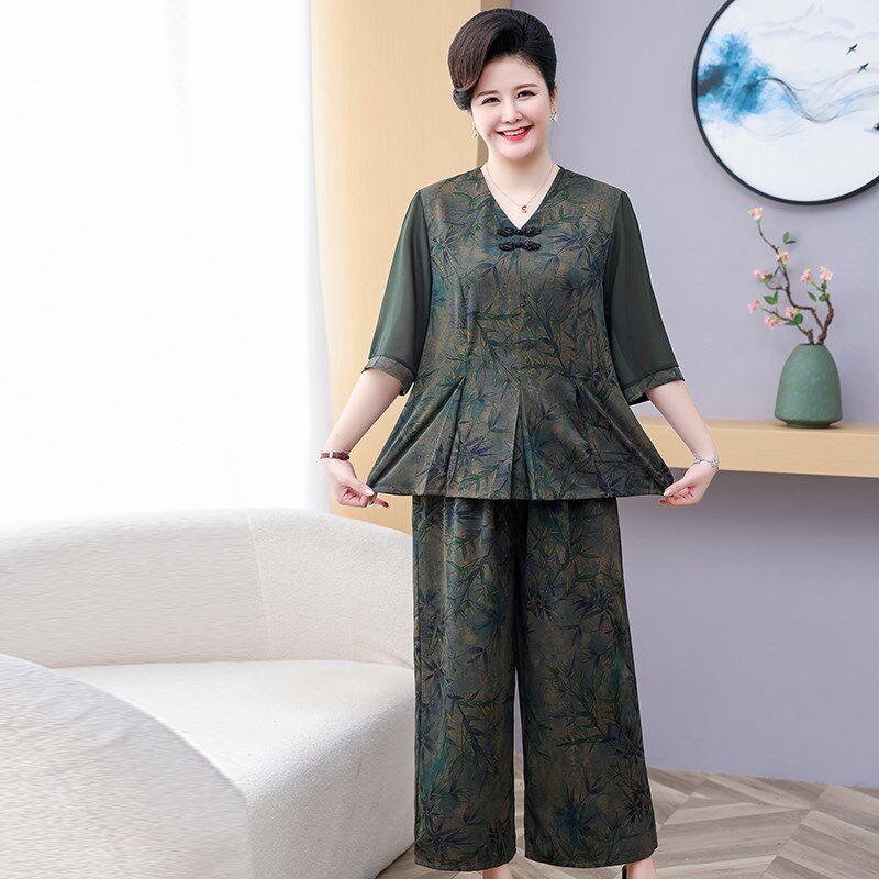 胖妈妈夏装2025新款套装加肥加大码中老年女装两件套奶奶短袖T恤6