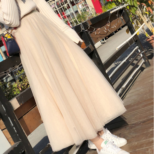 2021新款白色纱裙女半身裙春款垂感网纱百褶长裙中长款小个子裙子