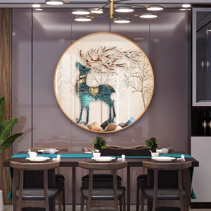 入户进门招财麋鹿晶瓷画玄关装饰画圆形挂画轻奢餐厅柜背景墙壁画,家居饰品,现代装饰画,淘宝优惠券,粉丝福利购,淘宝优惠卷