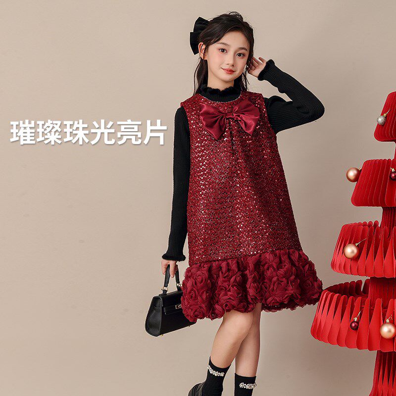 女童连衣裙冬季新款红色礼服儿童裙子秋冬套装新年大童女孩公主裙