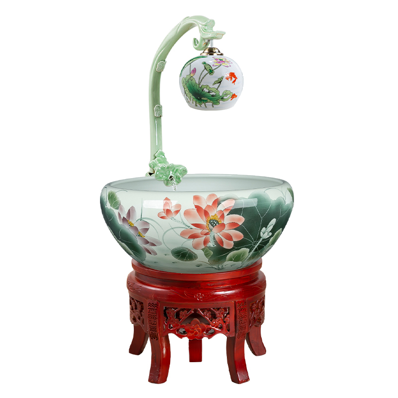 景德镇陶瓷鱼缸喷泉循环过滤增氧盆乌龟缸睡莲缸家居客厅公司摆件