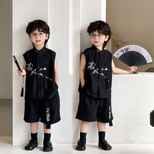 男童新中式马甲短裤套装2024夏季新款薄料立领潮范儿童国风洋气