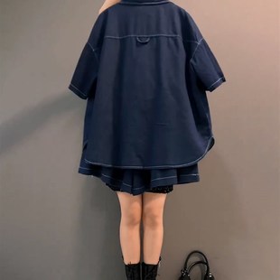 胖妹妹2023夏季新款大码女装时尚显瘦短袖牛仔上衣 短裤两件套装