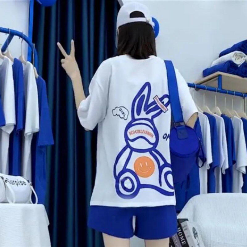 227560【卡通小兔子中长款开叉T恤女】夏季短袖上衣百搭宽松休闲