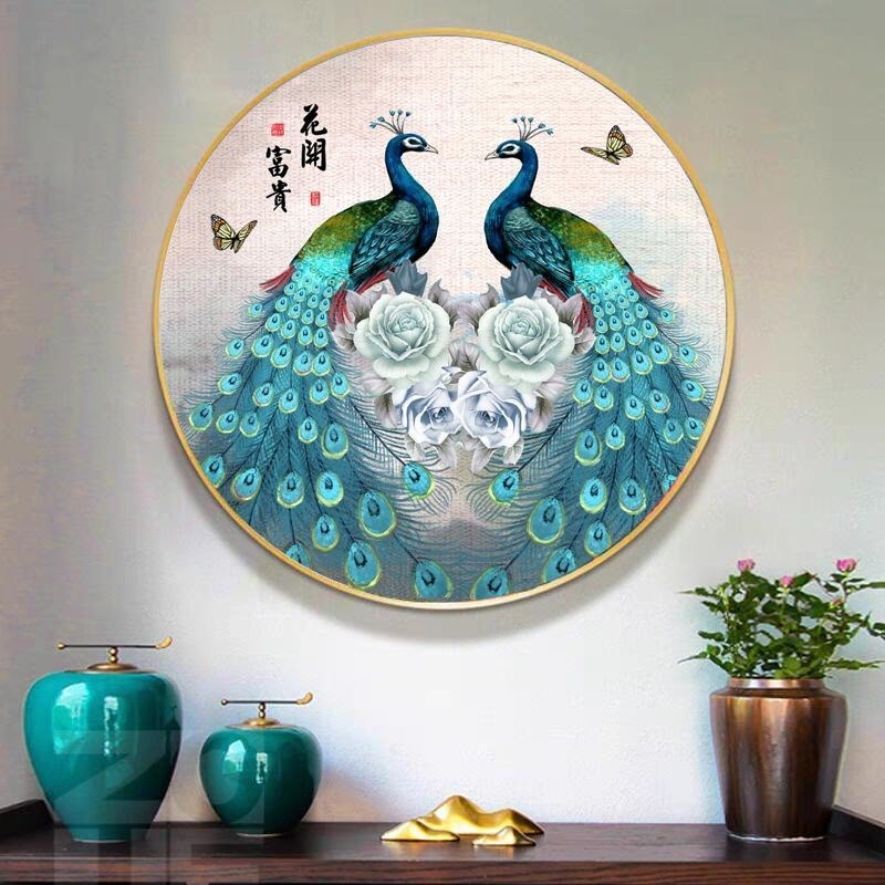 孔雀开屏圆形玄关装饰画新中式寓意好卧室床头挂画客厅背景墙壁画图片
