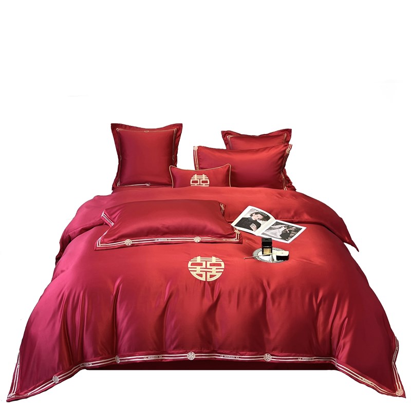 高档中式结婚四件套大红色床单被套全棉纯棉简约婚庆床上用品床笠