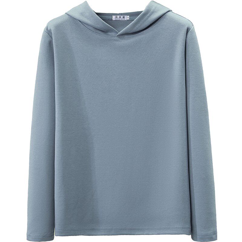 2024新款蓝色春秋连帽长袖t恤女薄款宽松大码带帽卫衣夏纯棉帽衫