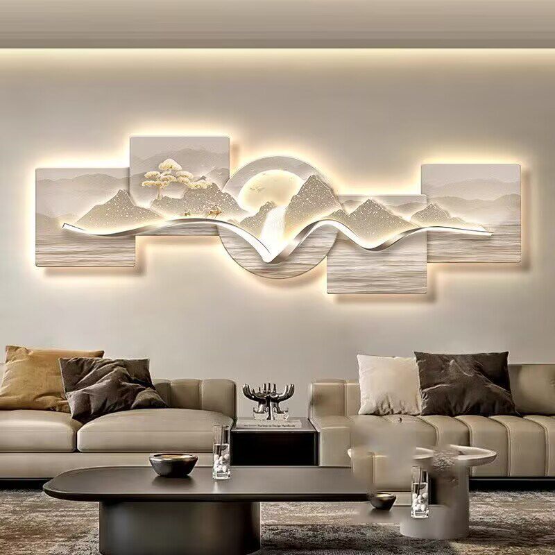 新中式客厅精雕装饰画背靠金山LED灯画沙发墙挂画高级感轻奢壁画