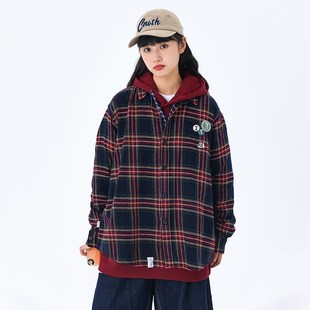 KXLFCHN空穴来风 酒红色格子衬衫男女宽松长袖复古衬衣外套春秋季