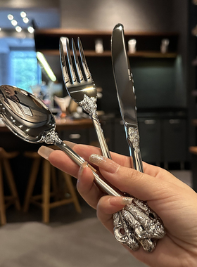 出欧洲定制款!欧式复古雕花18-10不锈钢西餐三件套刀叉勺子套装