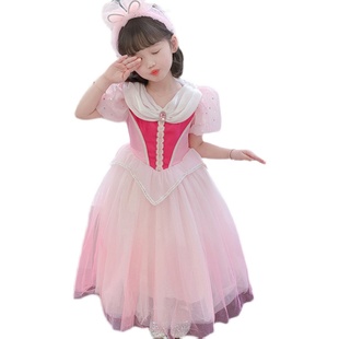 2022新款女童睡美人爱洛公主裙粉色泡泡短袖洋气网纱裙斗篷连帽裙