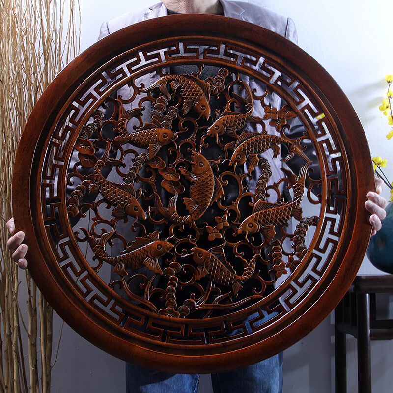 东阳木雕挂件香樟木头雕刻画工艺装饰品中式客厅实木质艺术九鱼图