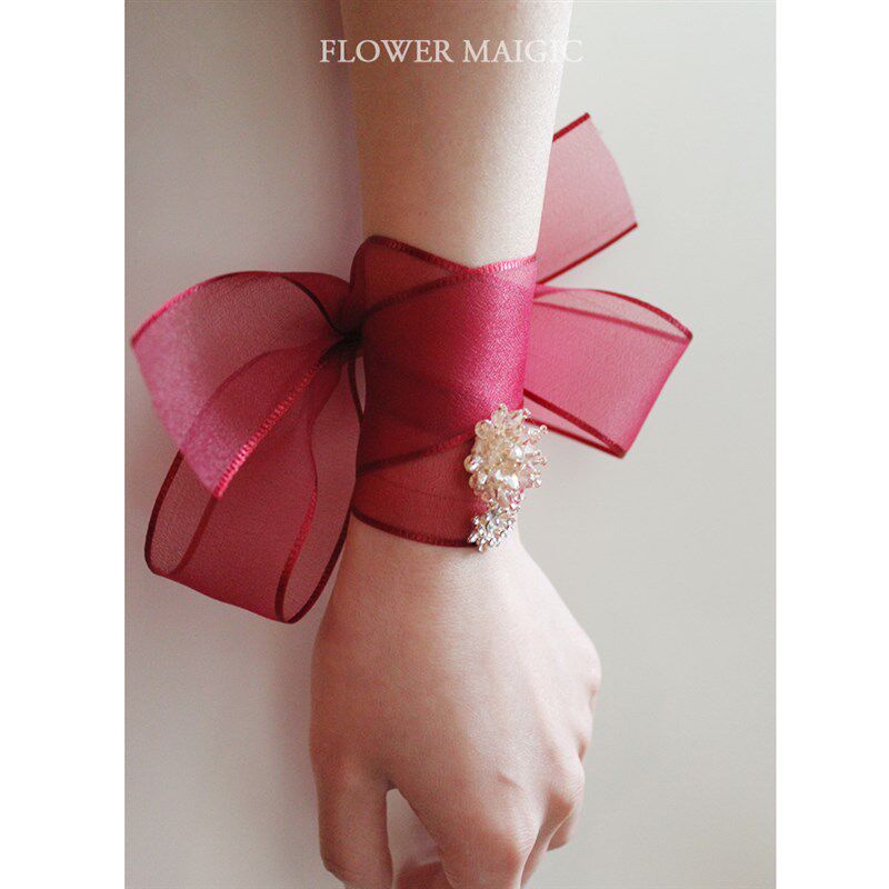 /酒红丝带手腕花/结婚礼唯美复古新娘伴娘遮纹身演唱应援手花丝带