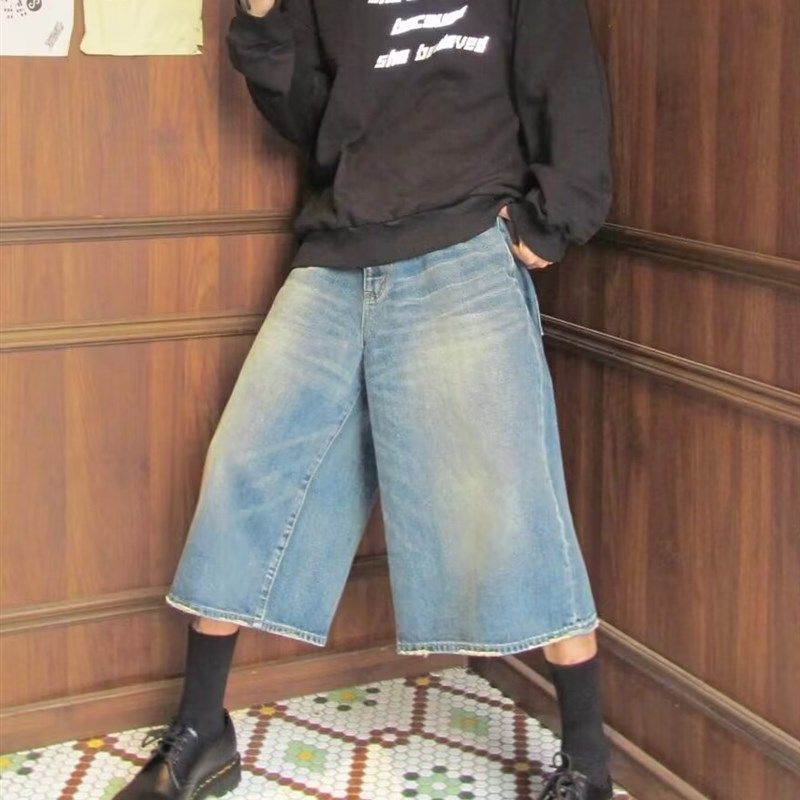 牛仔短裤宽松大阔腿裤子男款直筒美式七分裤夏季薄款水洗做旧百搭