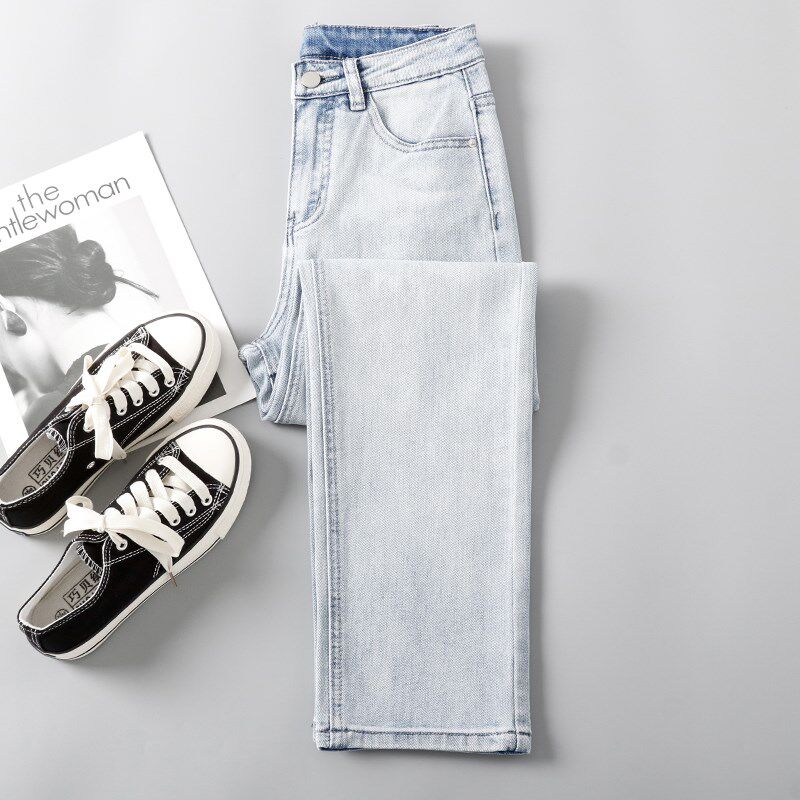 2024春款新品高腰牛仔直筒九分裤女小个子宽松显瘦浅色烟管裤长裤