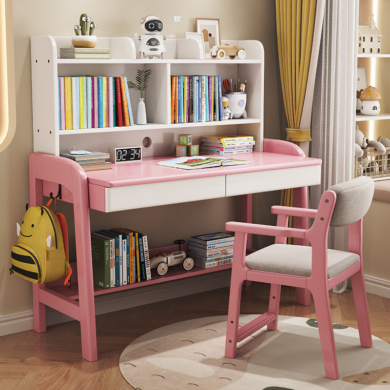 儿童学习桌带书架组合简约中小学生写字桌椅家用宝宝小孩实木书桌