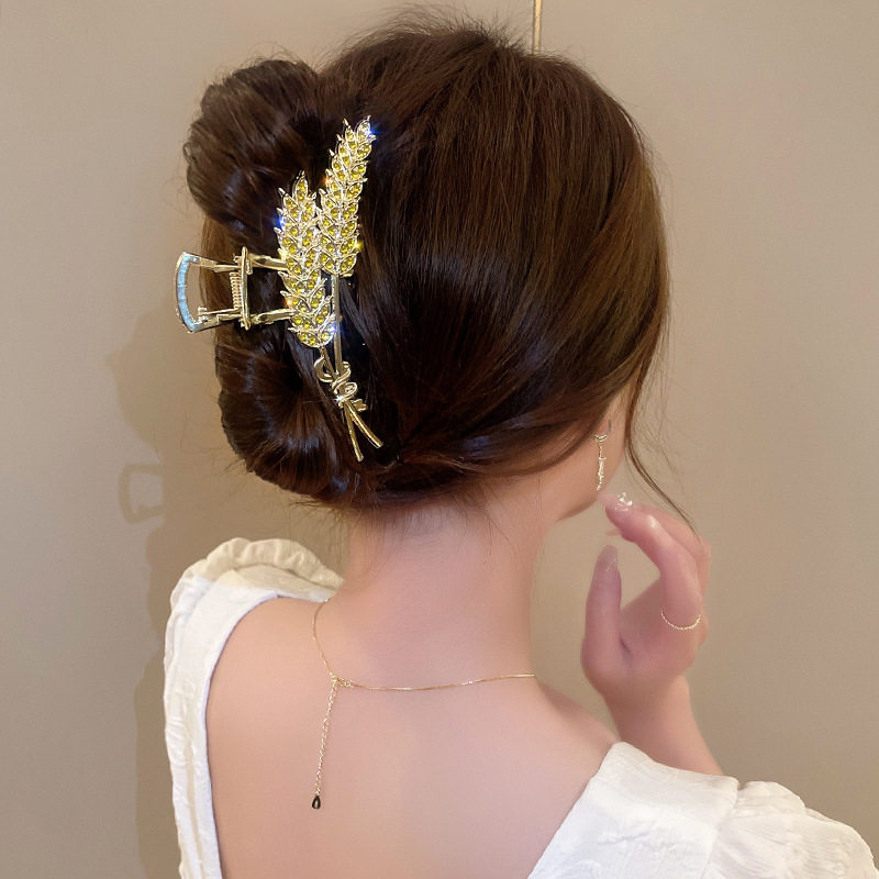 法式优雅闪钻叶子抓夹麦穗发夹女后脑勺鲨鱼夹头饰发卡2023年新款