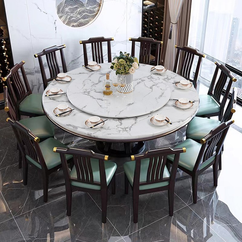 新中式大理石餐桌圆形家用实木圆桌现代简约12人饭店餐桌椅组合2m