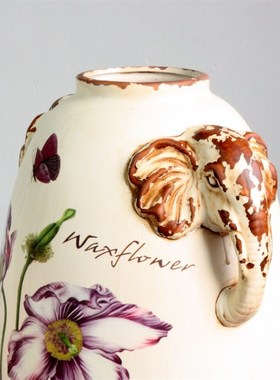 新中式大气东南亚复古做旧大象花瓶装饰摆件大小一套 样板间软装