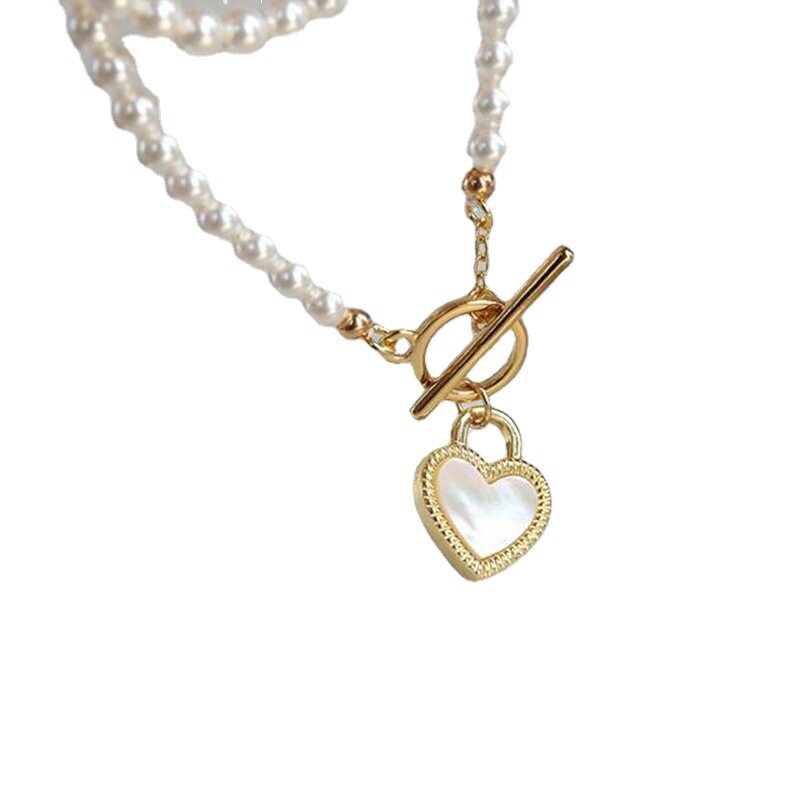 新品黑白桃心颈炼 施家珍珠项炼爱心吊坠锁骨链OT扣设计爱心吊坠