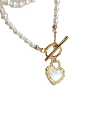 新品黑白桃心颈炼 施家珍珠项炼爱心吊坠锁骨链OT扣设计爱心吊坠