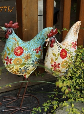 美式乡村铁艺彩色碎花公鸡别墅花园庭院客厅落地店铺装饰软装摆件